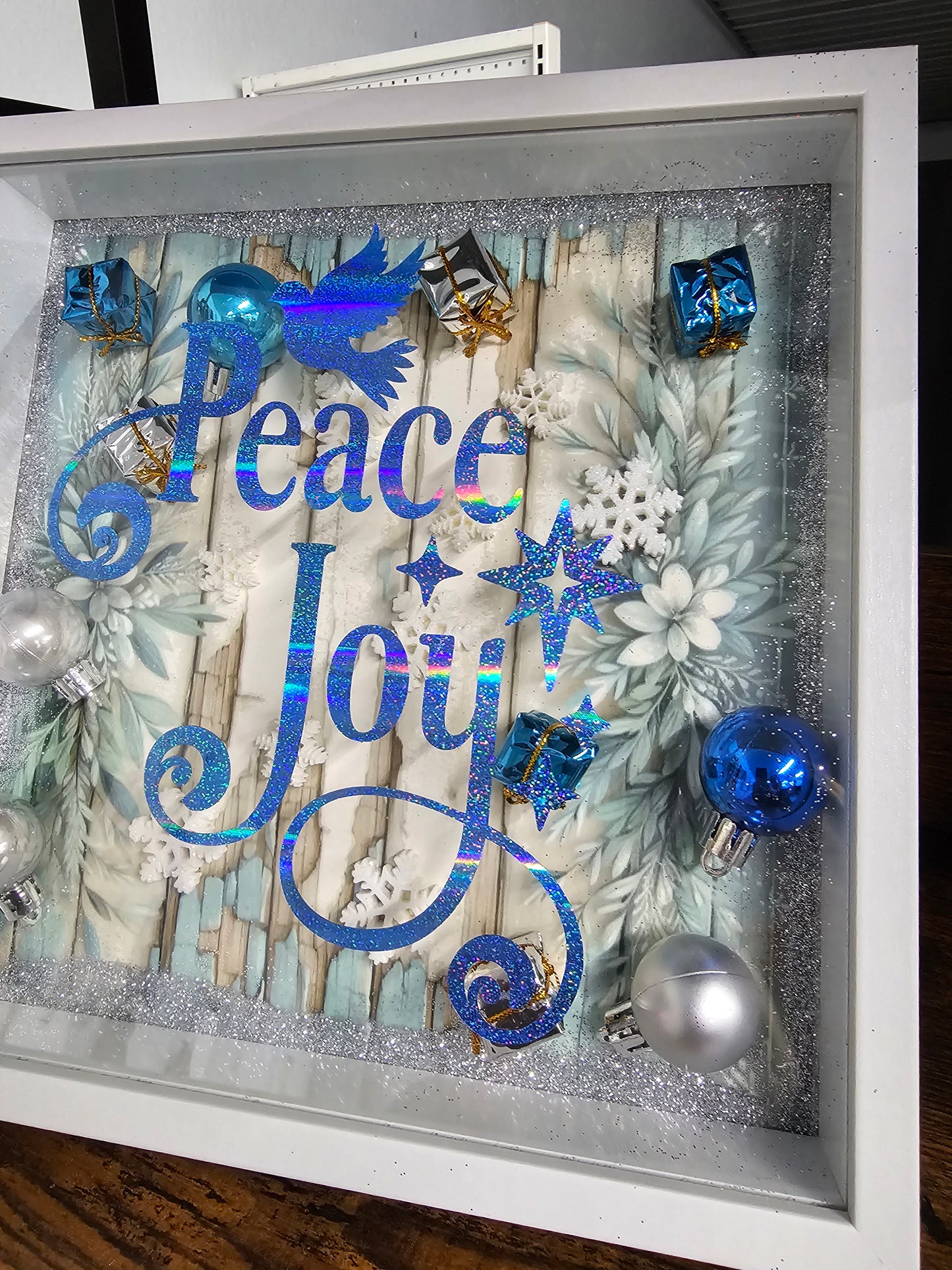 Christmas Shadowbox - Peace Joy - Blue, Silver