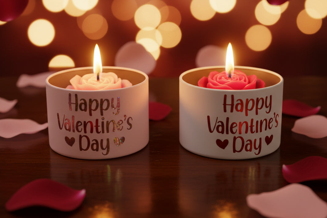Floral Valentine candle - "Happy Valentines Day" Message