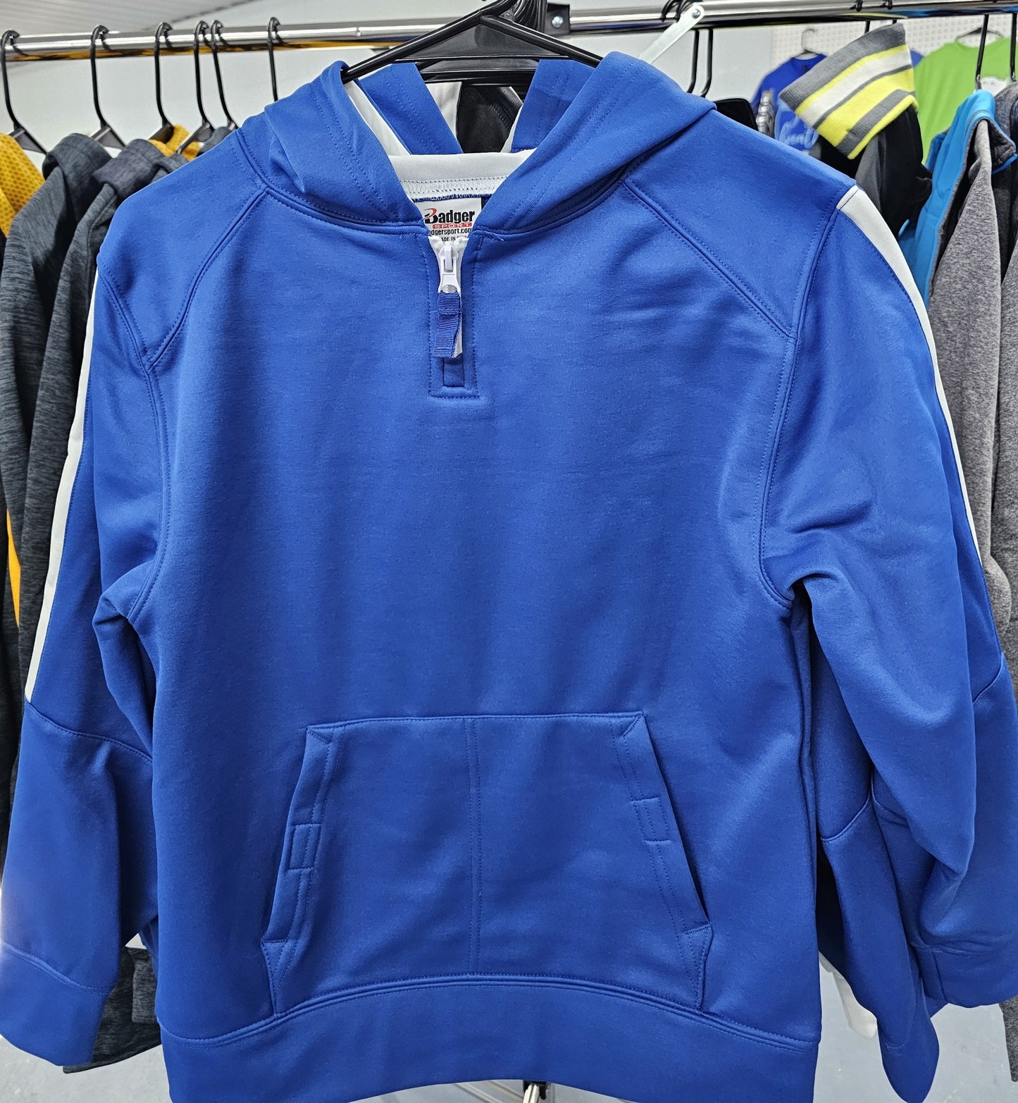 Youth Badger Sport Hooded Sweatshirt - Blue with White Stripe
