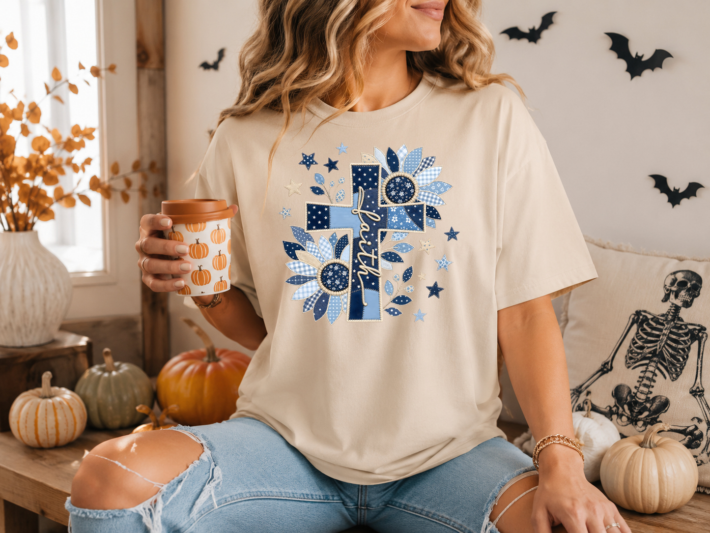Faith - Patchwork cross with flowers - tshirt